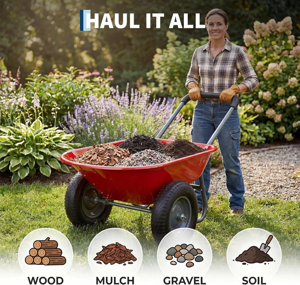 Tacleekii 600 Lbs Garden Wheelbarrow with All Terrain 2 Wheel Wagon Cart Steel Frame | Utility Heavy Duty Outdoor Garden Cart 2-Wheel Easy Unloading for Unloading for Garden Lawn Yard Farm