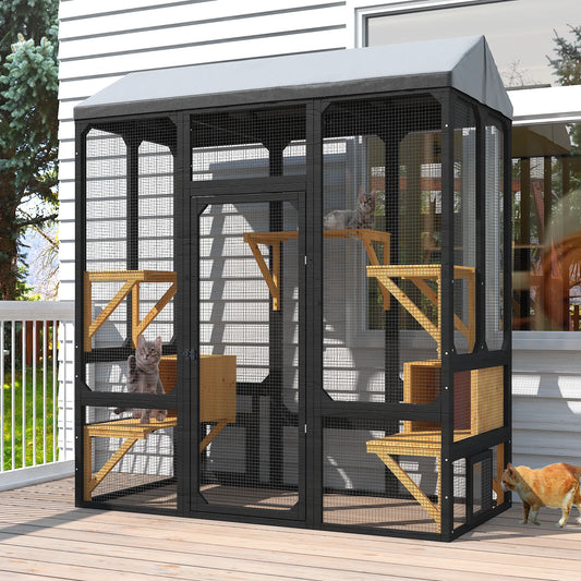 72" Outdoor Cat Catio with Waterproof Cover, Walk-In Large Cat Enclosure with 7 Platforms & 2 Resting Boxes for Multiple Cats, Black/White