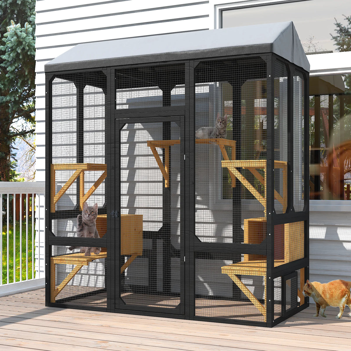 72" Large Catio Outdoor Cat Enclosure, Walk-in Cat Cage House for Multiple Indoor Outdoor Cats, Shelter with 7 Platforms & 2 Resting Boxes,Grey/Black