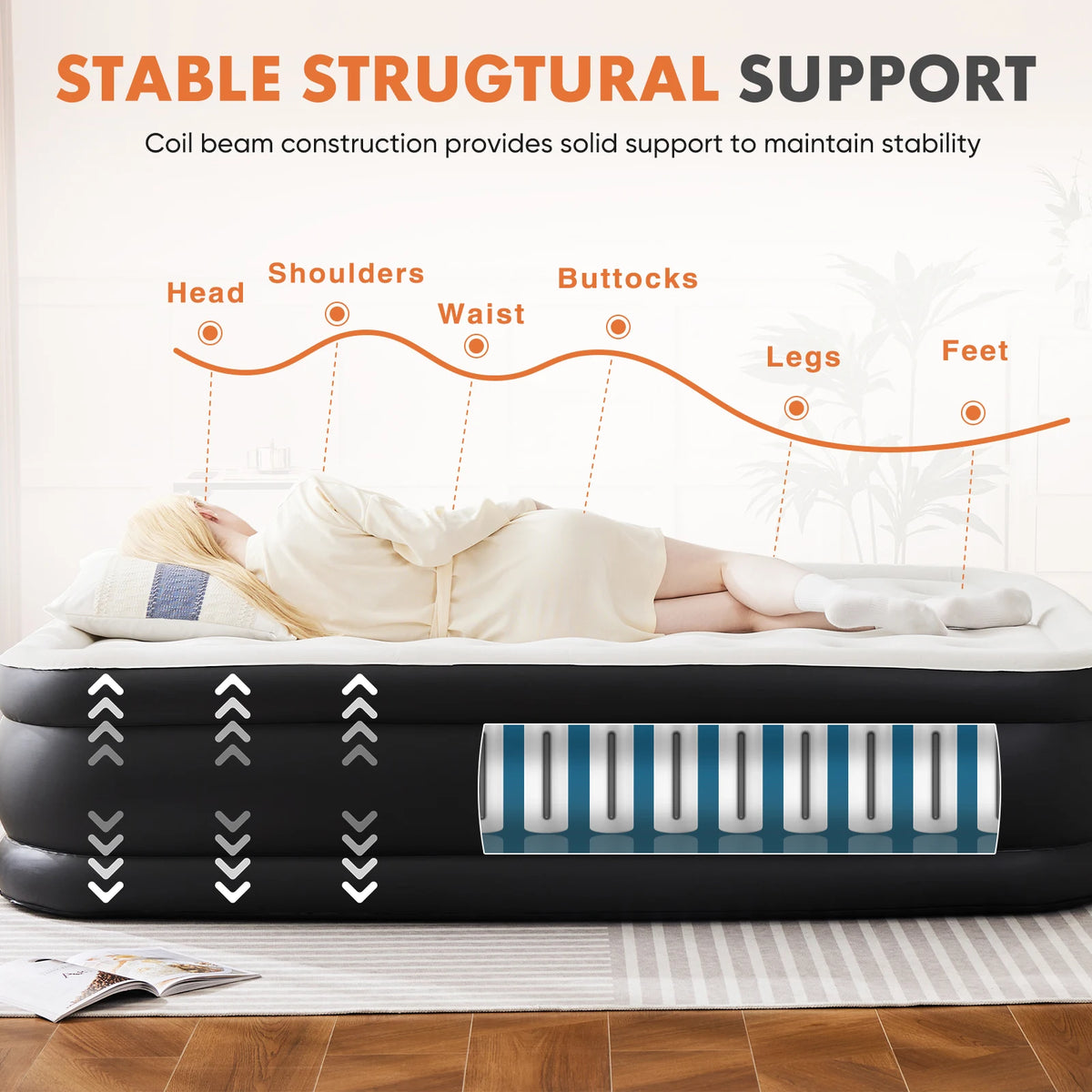 JHK Queen Twin Size Air Mattress Blow Up Double Height Non-Slip Bottom Weight Capacity 660 lbs Air Bed for Bed Home or Camping