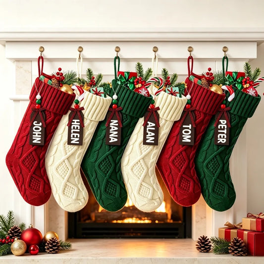 Personalized Cable Knit Christmas Stockings With Wooden Name Tags