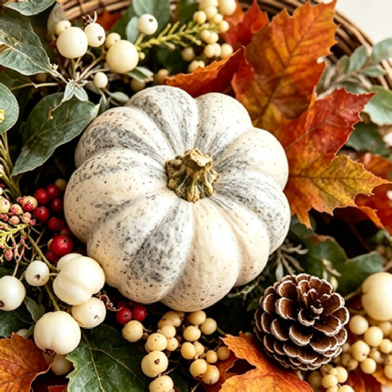 Autumn Harvest Wreath With Pumpkins, Pinecones, Maple Leaves And Berries