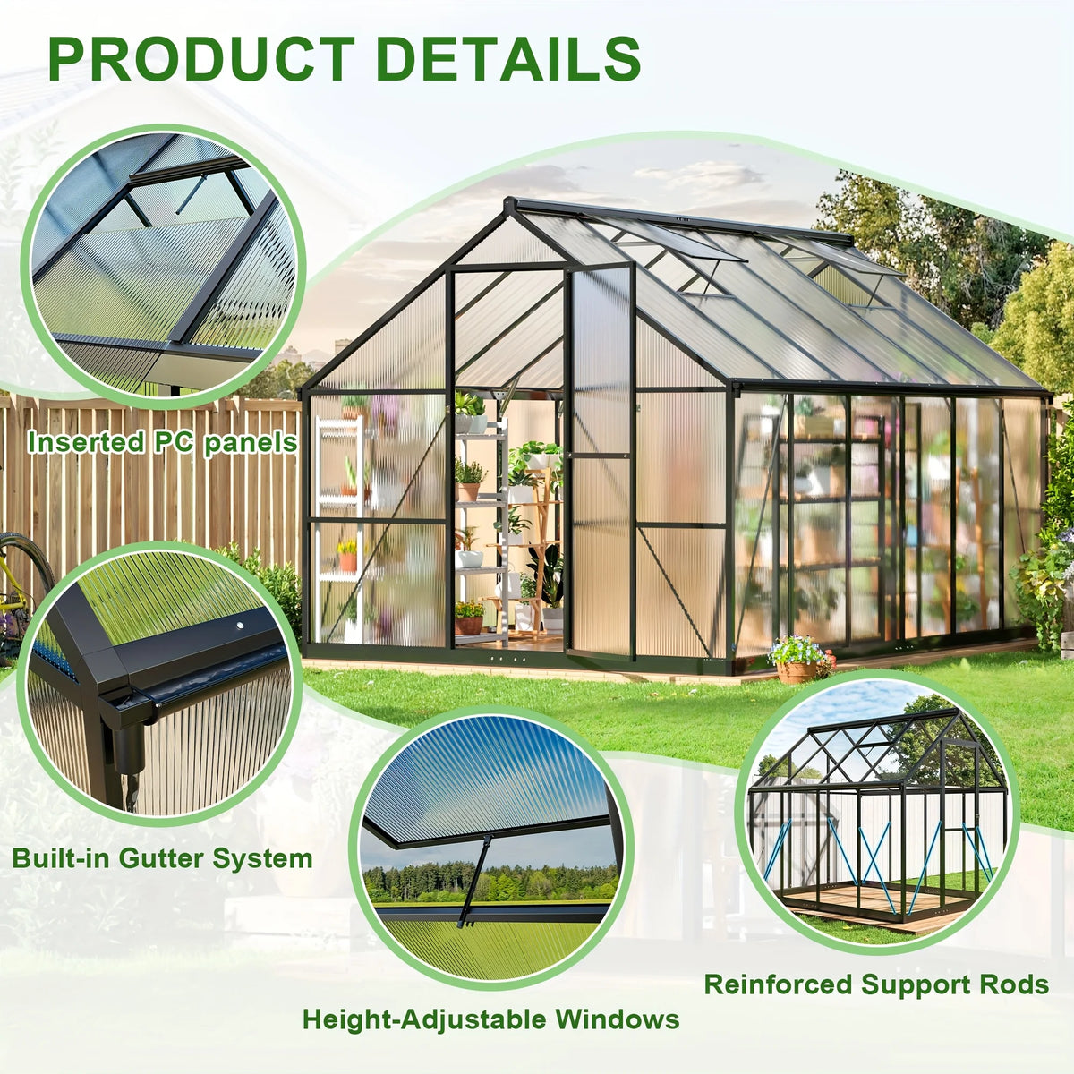 VIWAT Polycarbonate Greenhouse With Aluminum Frame And Ventilation Roof
