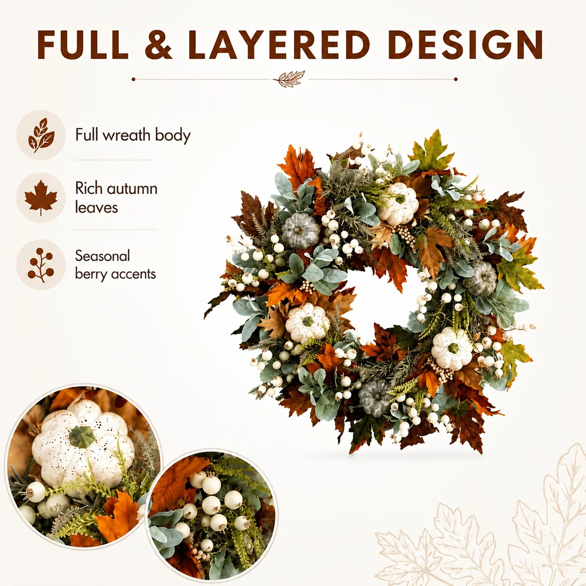 Artificial Peony And Pumpkin Farmhouse Wreath With Leaves And Berries