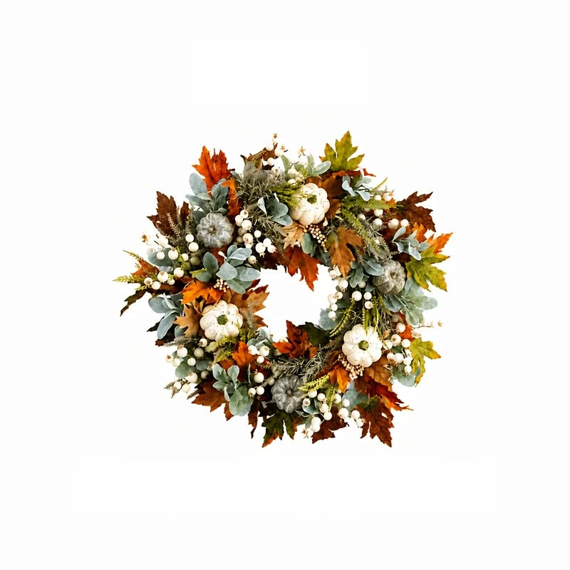 Artificial Peony And Pumpkin Farmhouse Wreath With Leaves And Berries