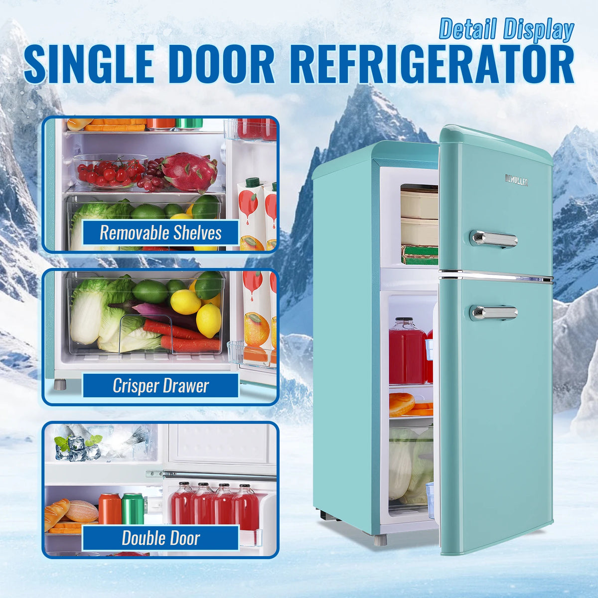 DEMULLER 3.5 Cu.ft Mini Fridge with Double Door Small Refrigerator Drinks Holder Apartment Size