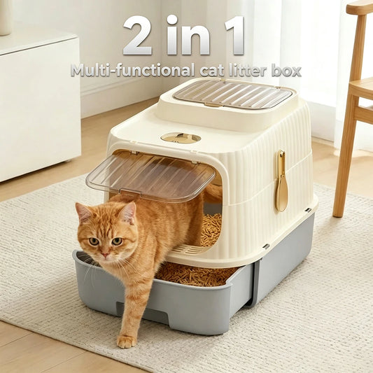 2 in 1 Fully Enclosed Cat Litter Box High Sided Anti-Splash, Detachable Pet Toilet With Lid And Door, Odor Control Deep Bottom Easy Clean For Indoor Cats