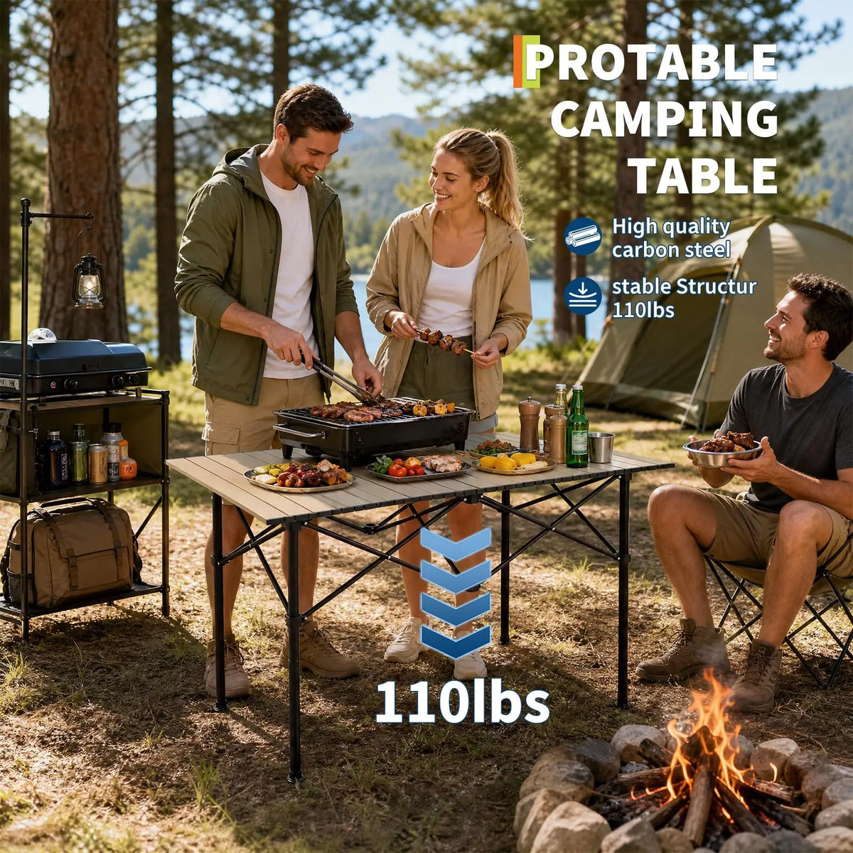 Adjustable Height Folding Camping Table, Portable Aluminum Roll Up Table With Carry Bag, 110lb Outdoor BBQ Patio Beach