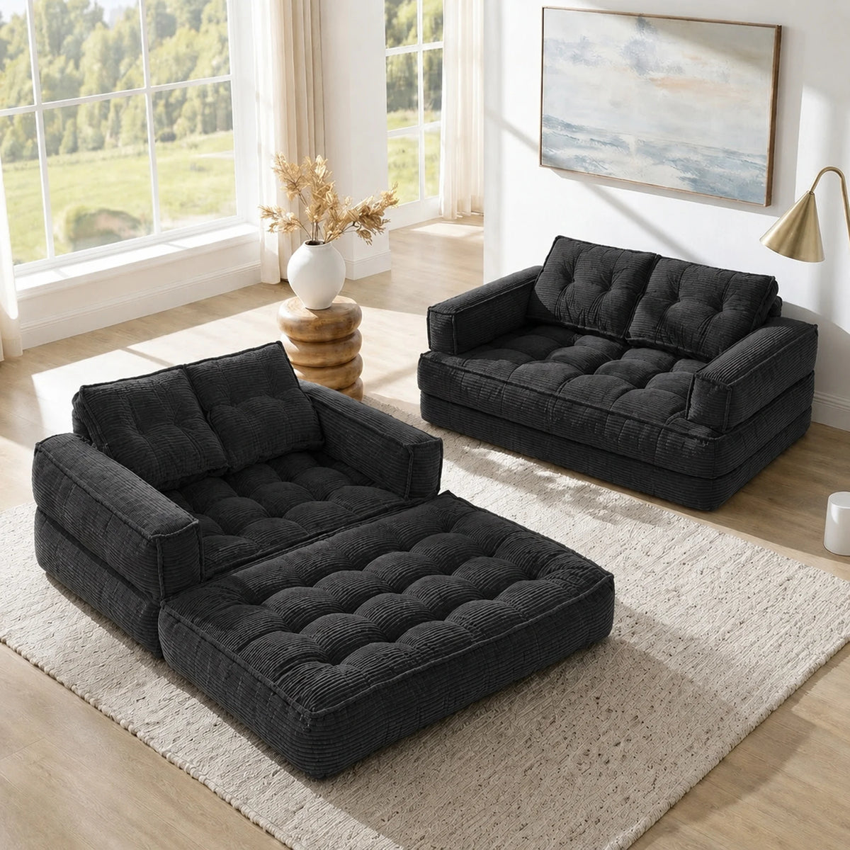 Modular Corduroy Convertible Floor Sofa With Chaise