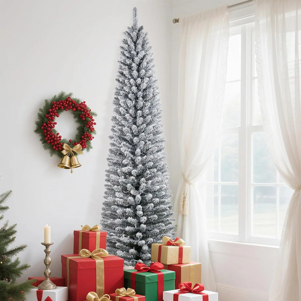Studyset Artificial Pencil Christmas Tree With Realistic Snow Flocked Branches