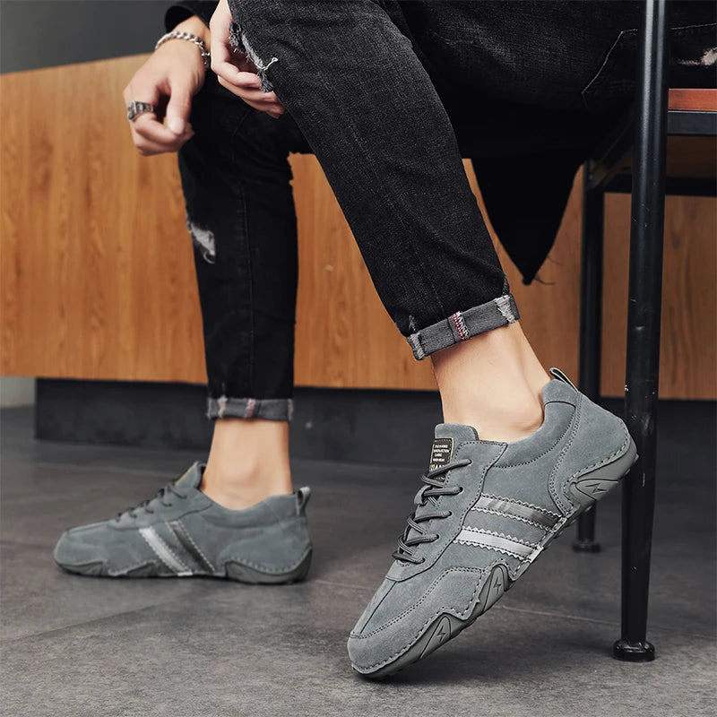2027 New Shoes for Men Leather Casual Shoes Spring New Style Fashion Striped Lace-Up Loafers Leisure Flat Shoes Tenis Masculino
