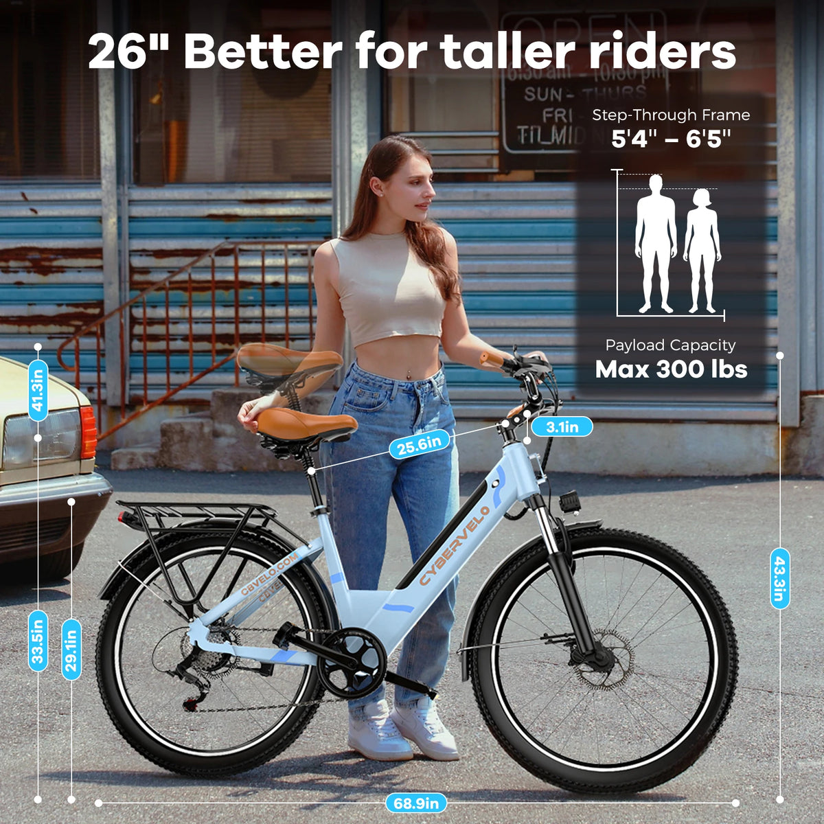 Cybervelo Urban Commute E-Bike 48V 1000W Peak Motor Detachable Battery 7-Speed Shift Electric Bike 26" Step-Thru Adults EK2