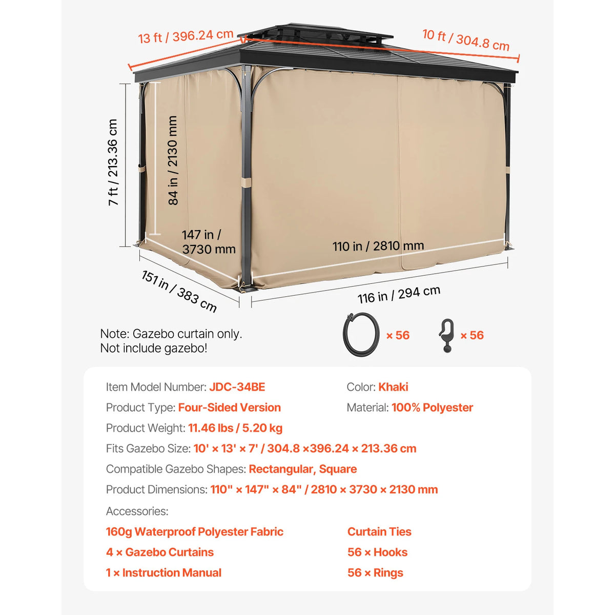 SucceBuy Gazebo Curtains 4-Panel Sidewall Gazebo Privacy Curtains with Zippers Universal Sunshade Curtains Replacement for Patio
