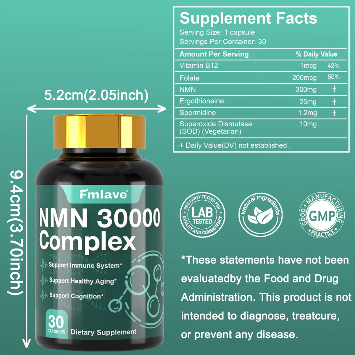 Fmlave NMN (Nicotinamide Mononucleotide) - 99% Pure | Ergothioneine  300mg,30 Servings,  for Increased NR Levels & Healthy Aging