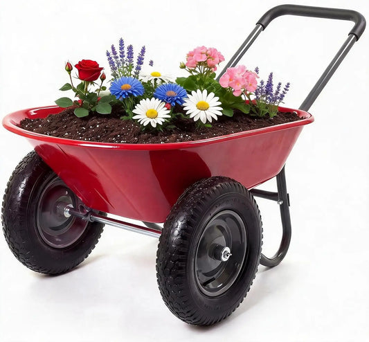 Tacleekii 600 Lbs Garden Wheelbarrow with All Terrain 2 Wheel Wagon Cart Steel Frame | Utility Heavy Duty Outdoor Garden Cart 2-Wheel Easy Unloading for Unloading for Garden Lawn Yard Farm