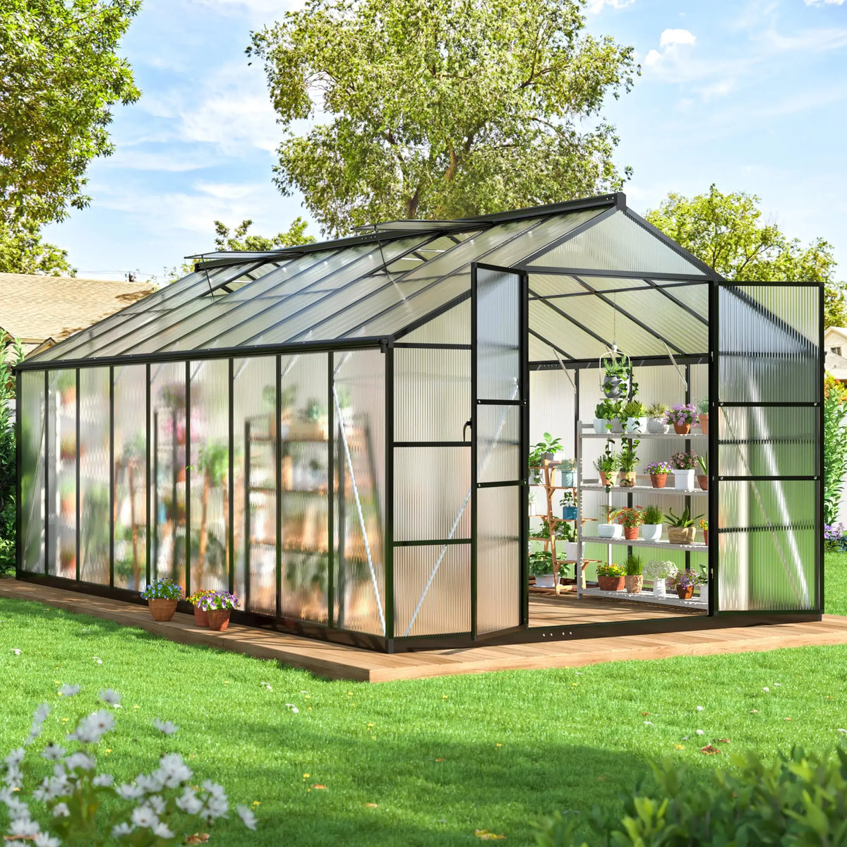 VIWAT Polycarbonate Greenhouse With Aluminum Frame And Ventilation Roof