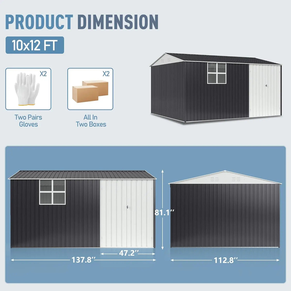 VIWAT 10x12~12x14 FT Outdoor Metal Storage Shed with Window, Lockable Garden Tool Shed, Heavy-Duty Frame, Backyard Patio Black
