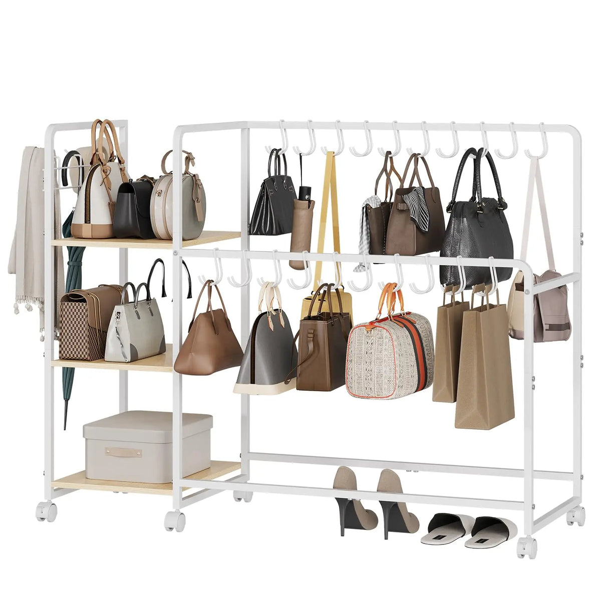 3 Tier Purse Organizer Rack For Closet With 20 Handbag Hangers, Side Hooks, Wheels And Wood Shelves For Bedroom Entryway Storage