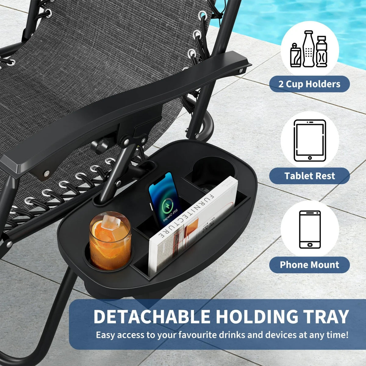 2 Pack Zero Gravity Chair with Cup Holder Tray and Pillow  – Patio Lounge Chair, Adjustable Reclining Chair, Portable Folding Outdoor Camping Chairs for Deck, Beach, Yard, Garden