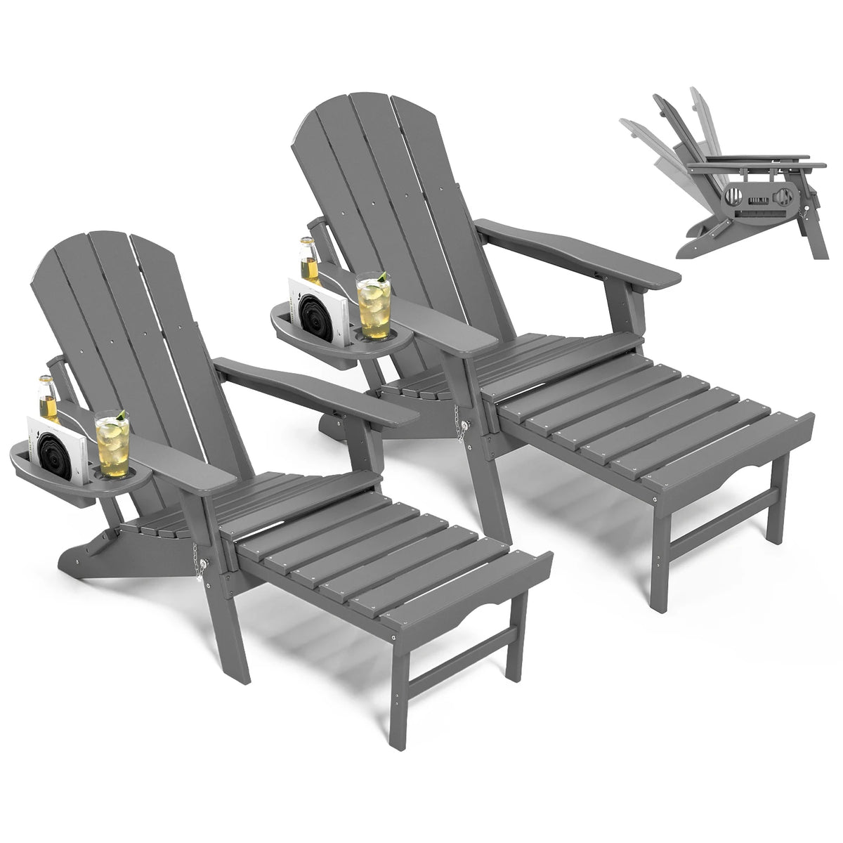 Adjustable Adirondack Chair with Retractable Ottoman, HDPE Outdoor Patio Chair with 3 Reclining Positions, Folding Garden Lounge Chair with Detachable Side Tray for Yard, Porch, Deck