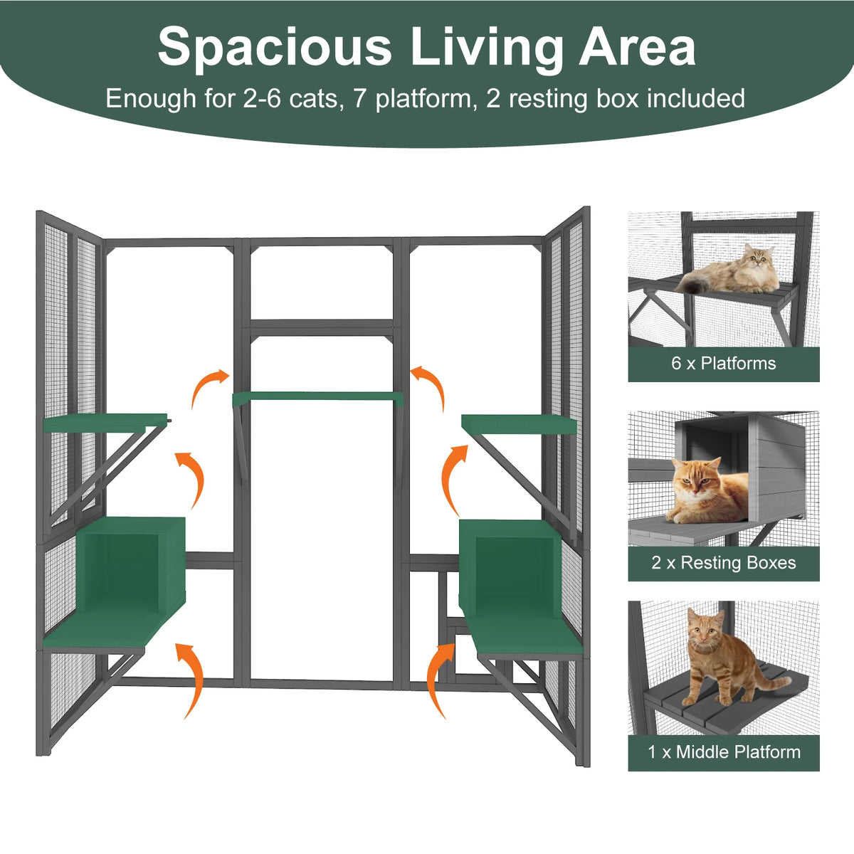 72" Large Catio Outdoor Cat Enclosure, Walk-in Cat Cage House for Multiple Indoor Outdoor Cats, Shelter with 7 Platforms & 2 Resting Boxes,Grey/Black