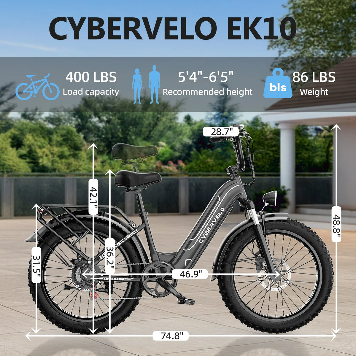 Cybervelo 26' Electric Bike Fat Tire 1000W Peak 48V 25Ah Long-lasting Removable Battery 7-Speed City Commute All-terrain E-Bike Adults EK10