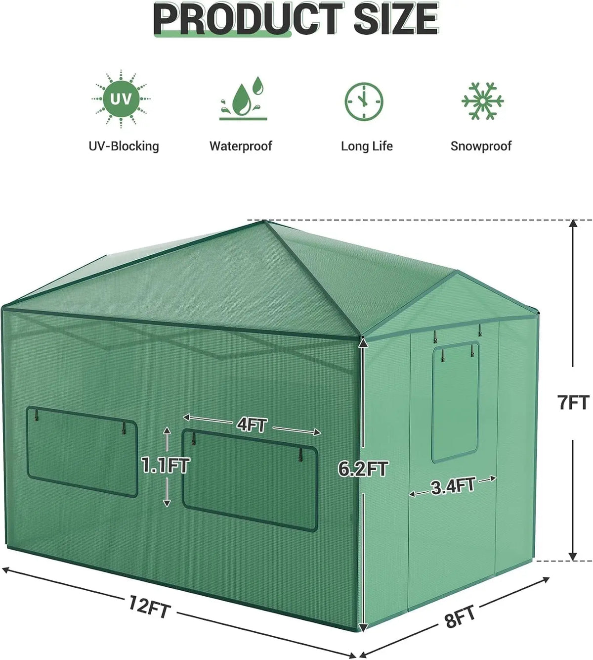 Tacleekii 6X8FT 8X12FT Walk-in Greenhouse Portable Plant Shelter with Heavy-Duty PE Cover Galvanized Steel Frame Zippered Roll-Up Doors & Mesh Windows for Outdoor and Indoor Gardening