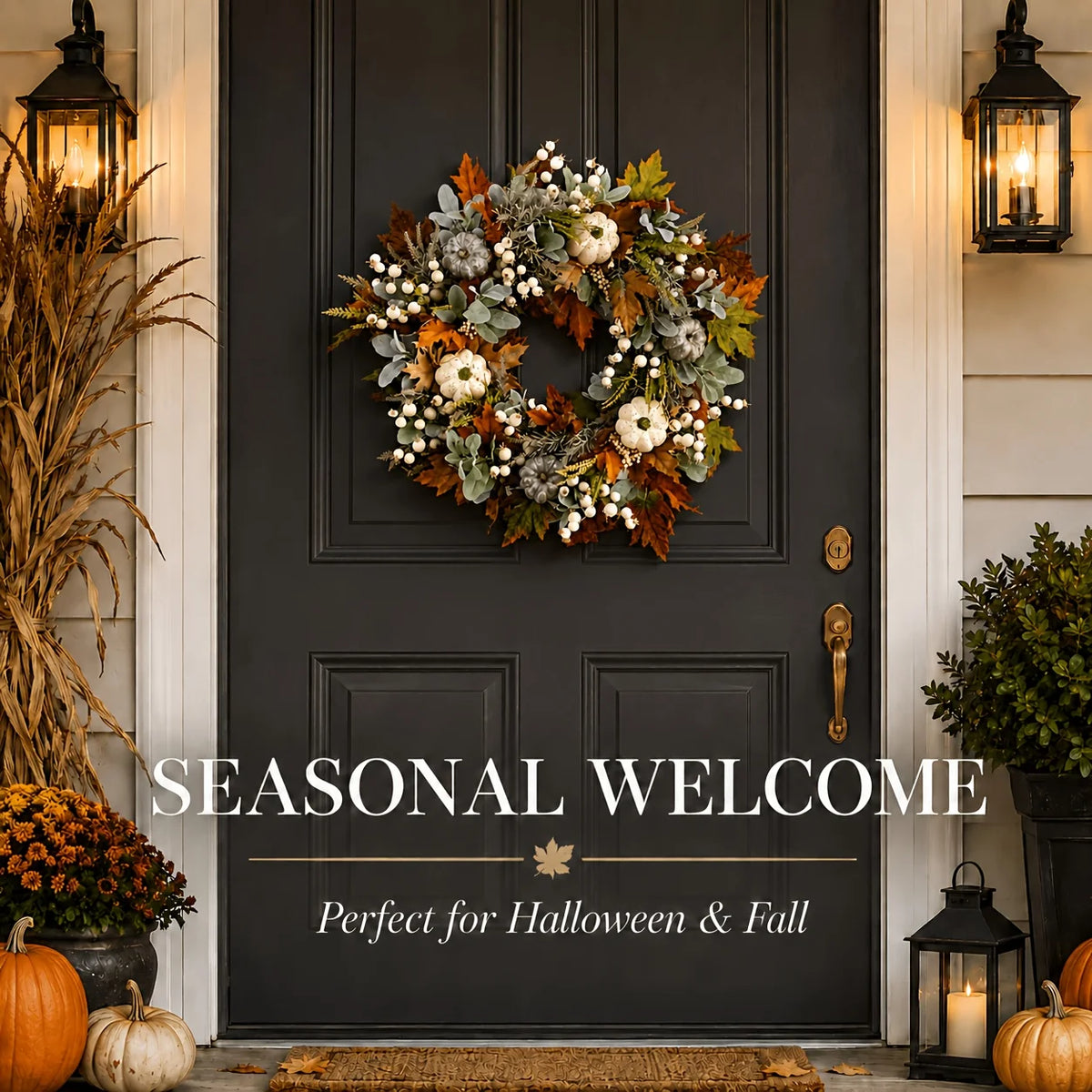 Artificial Peony And Pumpkin Farmhouse Wreath With Leaves And Berries