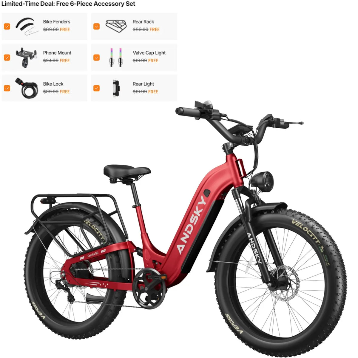 ANDSKY Gravita LS City Commuter Electric Bicycle 80Miles Long Range 48V 20AH Removable Battery 32MPH 1300W Motor 90Nm Powerful Torque Electric Bike for Adults E-bike with 6-Piece Kit