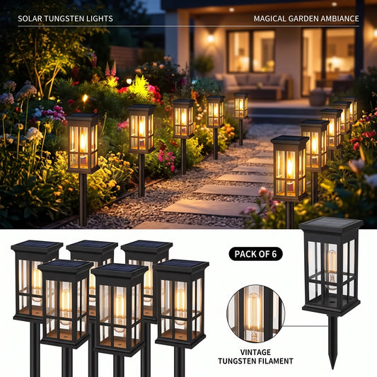 6/8/10/12 Pack Solar Pathway Lights Vintage Tungsten Warm Glow Auto Light Sensor Wireless Setup Black Square Durable Shell IP65 Waterproof 8H Long Lasting Illumination Garden Walkway Decor With Sturdy Ground Stakes Housewarmi