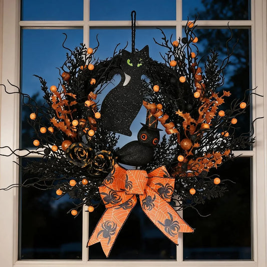 Garvee 22Inch Halloween Wreaths  for Front Door Black Orange Wreath with Berries Black Roses Purple Leaves for Doors Wall Gothic Home Porch Window Home Party Decor