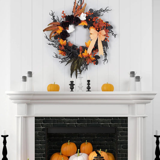 26 Inch Halloween Ghost Wreath For Front Door With Black Roses, Maple Leaves, Orange Bow, Spooky Indoor Outdoor Porch Wall Decor