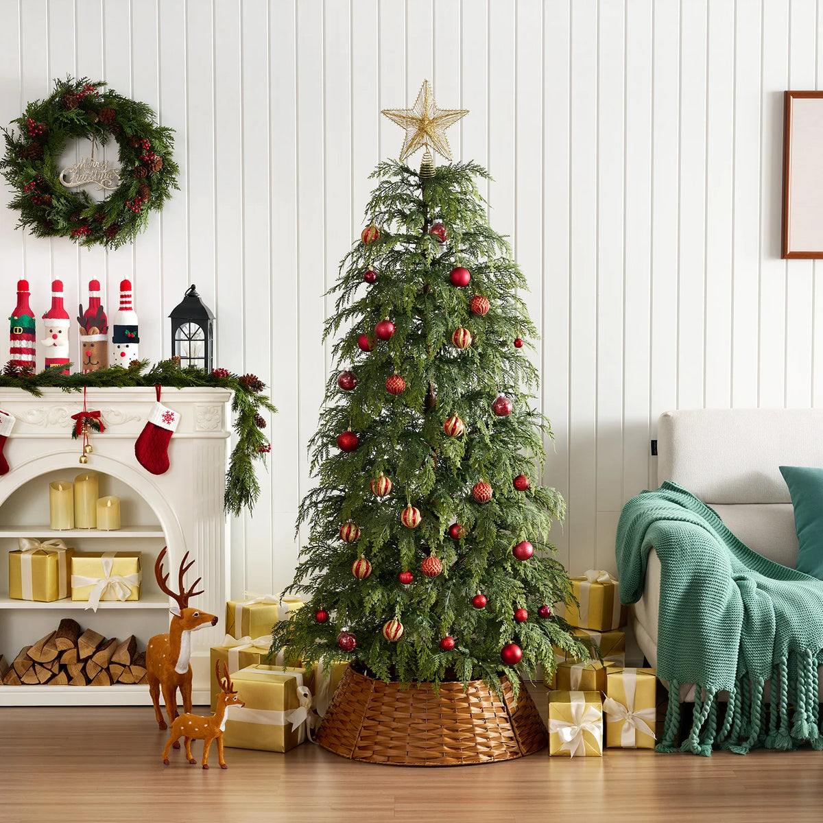 DR.PLANZEN Prelit Cypress Artificial Christmas Tree with Woven Basket Stand